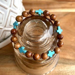 Hand Crafted Wood and Turquoise Acrylic Cross Bracelet, 7.5"